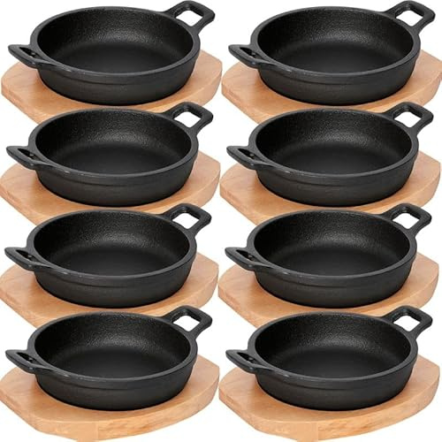 8 x serveringspanna med träunderlägg och två sidohandtag Ø 16 cm gjutjärn