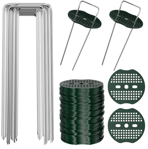 WinGluge 50 ancoraggi a terra zincati, 20 rondelle, picchetti da giardino U, tende, erbacce, campeggio, giardinaggio, erba artificiale