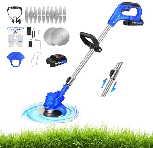 Cortabordes Y Cortacésped Inalámbrico con Baterías De Iones De Litio De 1,5AH Y Cargador Rápido, Desbrozadora De Jardín A Batería, 10 Cuchillas, Mango Ajustable, Tubo Telescópico