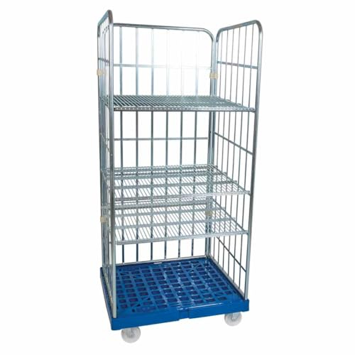 Rollregal 3-seitig, 3 Zwischenböden 20° Neigung, Nutzhöhe 1.600 mm, Rollplatte aus Kunststoff, 815 x 724 x 1.790 mm, 500 kg, Enzianblau