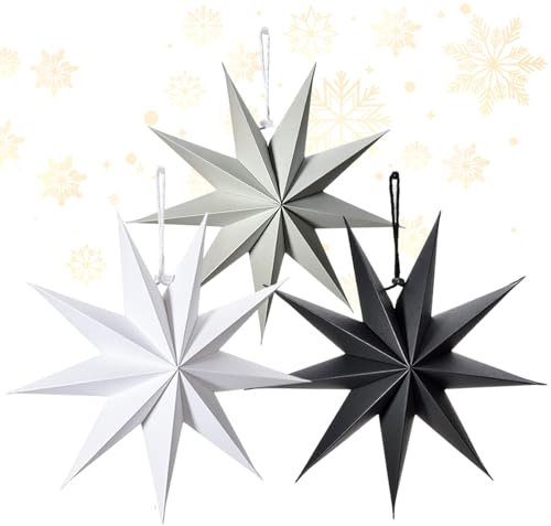 OMIGA 3 Pezzi Paper Star Stella di Carta Natalizia Stella di Carta per Piegate Natale 60 cm Stella di Natale da Appendere per Decorazioni Natalizie Finestre Avvento (Nero/Grigio/Bianco)