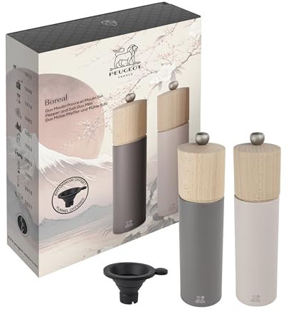 PEUGEOT - Boreal Duo Pepper Mill + Salt Mill 21 cm - Stainless Steel Funnel - Classic Adjustment - Made of PEFC-Certified Beech Wood - Made in France - Rock Gray & Pale Pink Color