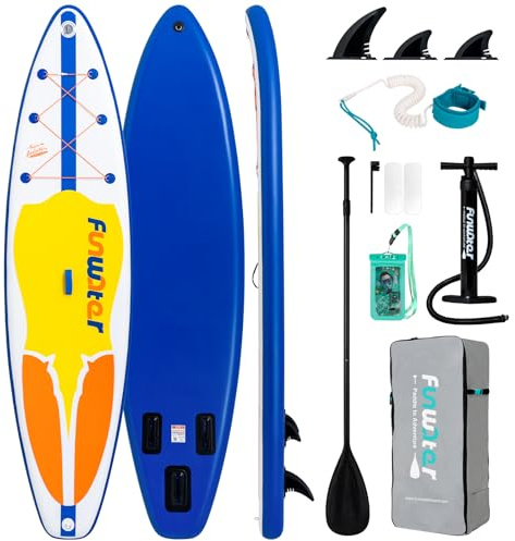 FunWater Stand Up Paddle Board Gonflable avec Sac À Dos, Pompe, Leash De Sécurité, Pagaie, Sac De Téléphone Étanche, 3 Palmes, Adapté À Tous Les Niveaux D'habileté