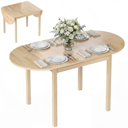 HOMCOM Folding Dining Table for 4-6 People, 140 cm Oval Solid Wood Drop Leaf Table, Kitchen Table for Small Spaces, Dining Room, Living Room, Natural Wood Finish