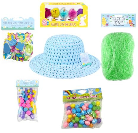 AKEDE Kit per cofano pasquale, decorazioni per cofano pasquale, caccia alle uova di Pasqua, cappello di paglia, pulcini, uova, piume, erba, kit di decorazioni per cofano pasquale, per ragazze e