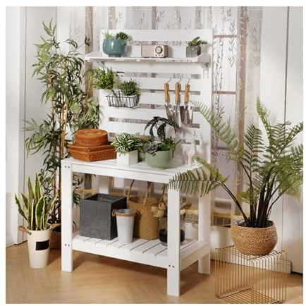 Panca da vaso, tavolo da giardino in legno massiccio per giardinaggio, postazione di lavoro esterna/interna per piantare fiori e invasatura, ideale per cortile, prato e patio