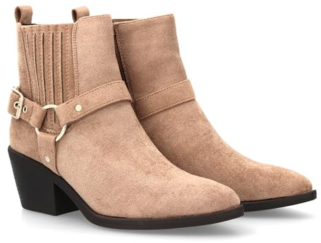 shoes&blues.es 96601 Botin de Mujer Estilo Cowboy con Tira Decorativa con Hebilla y aro metalico Lateral. Tacon Cuadrado Ideal Temporada Otono Invierno. Taupe Talla 38