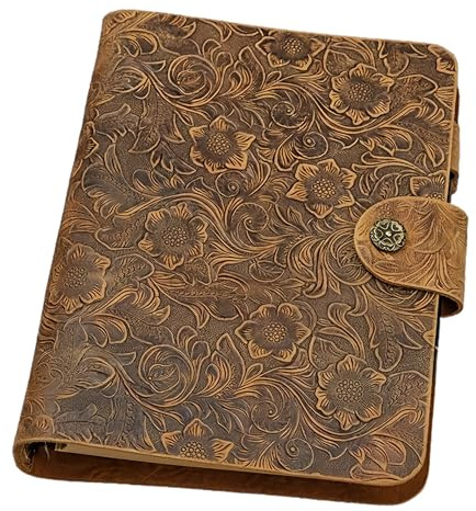 D&M leather studio Vintage Leder Notizbuch mit Blumenprägung, A5/A6, 6-Ring Ringbuch, Nachfüllbarer Planer mit Druckknopf, floraler Prägung