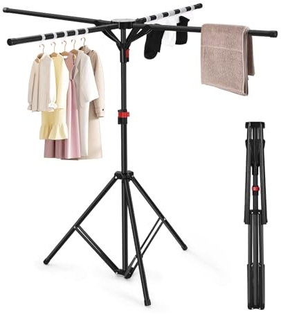 WGIDSKKI Standtrockner Wäscheständer mit 4 Flügeln Enthält 10 Haken und 1 Sockenclip-Wäscheständer Klappbar, Höhenverstellbar Wäschetrockners Ständer, für Camping Balkon Drinnen Draußen (Schwarz)
