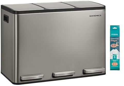 SONGMICS Cubo de Basura de Cocina de 3 x 15 L, con 3 compartimentos, 15 Bolsas, Cubos Extraíbles, Tapa, Asas, Cierre Suave, Acero Inoxidable, Plata LTB145EZ01