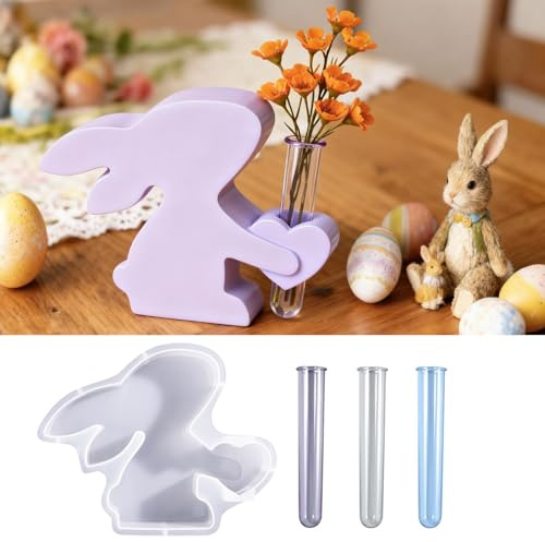 Pascua Conejito Moldes Florero, ZoneYan Pascua Molde Florero, Con 3 Tubo Ensayo, Silicona Moldes para Velas, Silicona Conejo Jarrón Molde para Jarrones, Velas, Quemadores Incienso, Yeso, Jabones