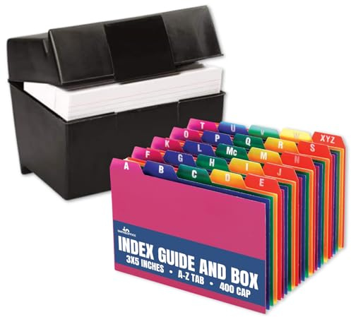 1InTheOffice Index Card Box 3x5 inch, Index Card Holder 3x5 400 Capacity & Index Card Guide Set, A-Z, 1/5 Tab