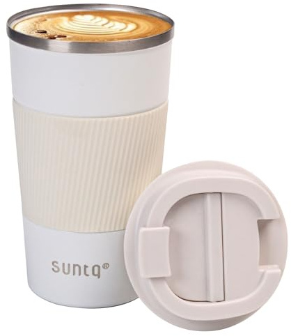 SUNTQ Reusable Coffee Cups Travel 510ml Coffee Travel Mug with Leakproof Lid - Thermal Mug Insulated Cup - Stainless Steel Travel Cup with Rubber Grip for Hot and Cold Drinks White