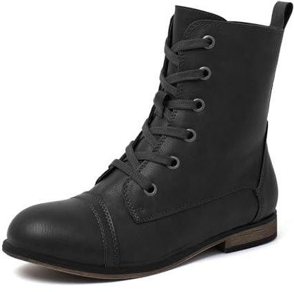 katliu Women's Combat Boots Lace up Military Ankle Boots Side Zipper Round Toe Booties Black 8
