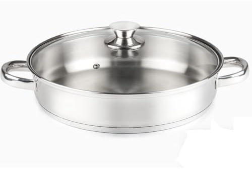 VIER Cazuela de Acero Inoxidable 18/10 – 30 cm Ø x 6,5 cm Capacidad 4,6 Litros. Con tapa de vidrio | Asas huecas y firmes