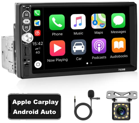 Hikity - Bilradio 1Din CarPlay Android Auto med 7 tums skärm radio bil pekskärm med Bluetooth Mirror Link FM USB AUX backkamera mikrofon fjärrkontroll