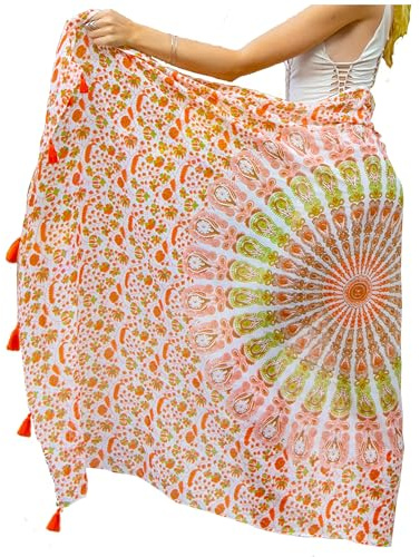 Mandala Life ART Copricostume da Spiaggia Cottone Nappa Arancione Telo Sarong XXL Bohemian Pareo Mare Donna Grande Lungo Sexy Bikibi Cover Up 2024 Arazzo da Parete 180X120 Cm Fatto in India