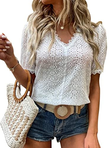 Minetom Camicia Donna Elegante Manica Corta Blusa Maglietta in Pizzo Tinta Unita Scollo a V Camicetta Shirt Top A Bianco M