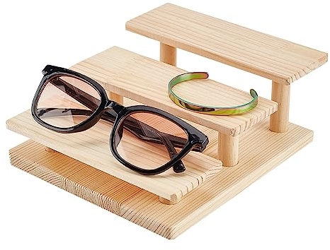NBEADS Présentoirs de Lunettes en Bois Massif à 3 niveau, Bijoux Présentoir en Bois Riser Rack Support D'Affichage Vitrine Plateau Multicouche Présentoir pour Lunettes Montre Bijoux Bouteille Peut