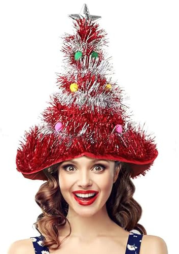 JIAMIAN Christmas Tree Hat, Santa Headgear, Adult Green Gold Sequin, with Star Novelty Fun Xmas Party Silly Headgear, Santa Party Fancy Witch Hat Holiday Decorations (red)