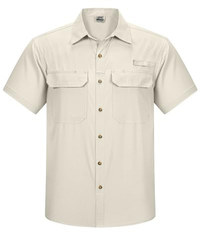 Outdoor Ventures Camisa de hombre de manga corta con protección UV, impermeable, de secado rápido, para senderismo, pesca, viajes, safari, Color caqui claro., XL