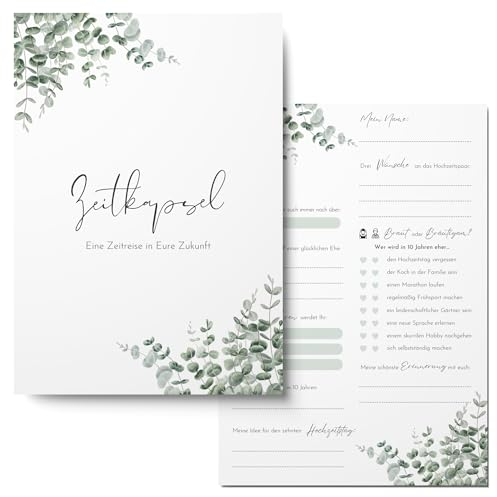 50x Zeitkapsel Karten Hochzeit - Spaßiges Zeitkapsel Hochzeitsspiel für Gäste als Alternative zum Gästebuch (Eukalyptus)