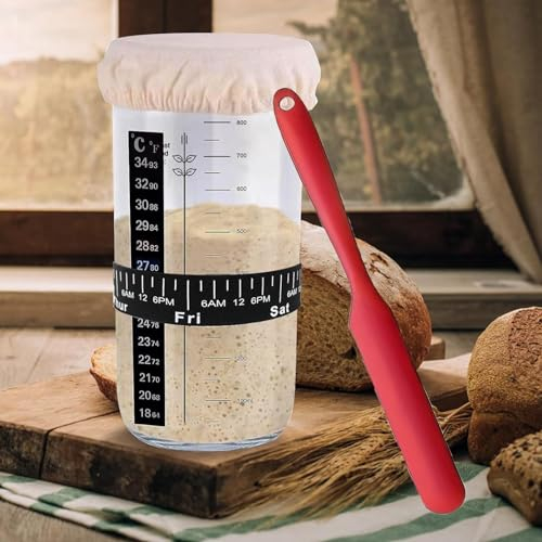 ZHCIHO Sourdough Starter Jar, 730ml Glass Sourdough Bread Starter Kit with Jar,Date Marked Feeding Band,Thermometer,Sewn Cloth Cover and Metal Lid for Baking