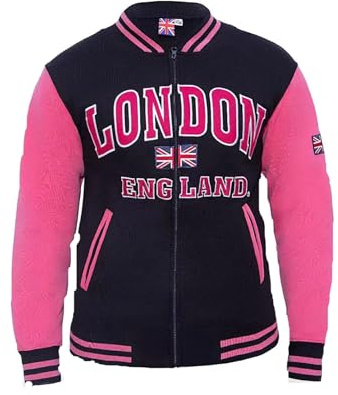 Itzu Felpa con Zip per Giacca College London England da Uomo in Cotone con Union Jack (Nero/Rosa) (M)