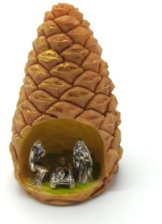 OVUNQUE PROTEGGIMI Mini Presepe in Resina, Presepe con Sacra Famiglia in Metallo, Presepi Artigianali 6 cm, Idee Regalo Natalizie, Decorazioni Natalizie Made in Italy (Pigne)