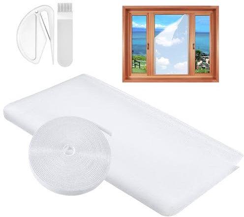 Window Mesh Insect Screen, 1PC DIY Self-Adhesive Insect Netting for Windows, 130X150CM Window Bug Screen Mosquito Fly Net with A Rolls of Hook Sticky Tape, Suitable for Many Types of Windows White