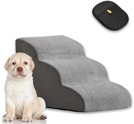 Dog Steps for Bed, 3-Tier Anti-Slip Dog Steps & Stairs - High-Density Foam Pet Ramp for Small Dogs to get on High Bed with Removable Washable Cover & Reusable Static Deshedding Glove (60x40x40cm)
