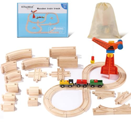 KiToyWod Wooden Train Track Set 62pcs, Wood Railway Systems Accessories Expansion Pack with Train + Crane, for 3-10 Years Toddlers Birthday Gift, Christmas Toys, Compatible with Major Brands (62 PCS)