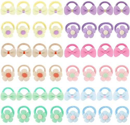 Norbiariz 48pcs Cute Toddler Hair Ties for Girls Baby Hair Tie Small Flower Elastic Scrunchies Bow Ponytail Holders Little Girls Hair Accessories for Thick Hair Assorted Colors