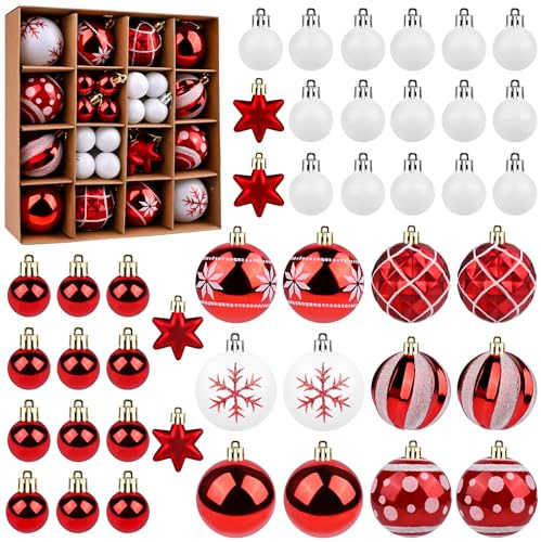 Ambesty 44 Piezas Bolas Arbol Navidad, 6~3cm Bolas de Navidad Plástico Irrompible, Juego de Bolas de Navidad, Decoracion Navidad, Adornos Arbol Navidad para Adornos Navidad (Rojo + Blanco)