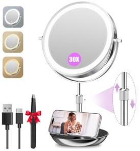 Auxmir 9 Large Lighted Makeup Mirror with Magnification, 1X/30X Double Sided Magnifying Mirror with Adjustable Height, Rechargeable Vanity Mirror with 3 Color Dimmable Lights, 360° Rotation