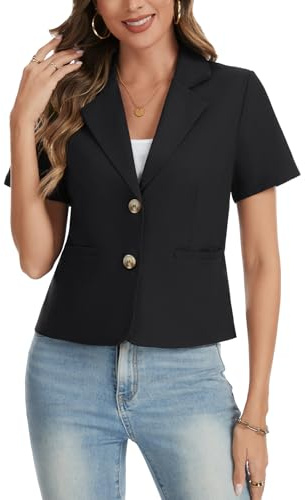 Kyzoeyou Short Sleeve Blazers for Women Cotton Linen Blazer Elegant Partial Lined Jackets Suits Casual Business Work Office Workwear(Black Large)