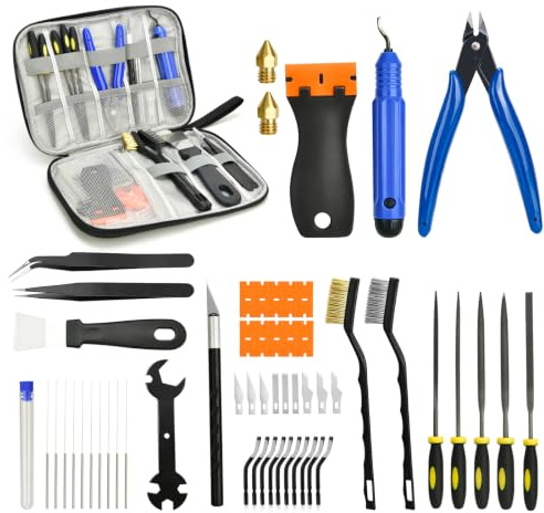Turmegtt Kit d'accessoires d'imprimante 3D de 57 Pièces | Nettoyage de Buse, ébavurage, Limes Aiguilles, Grattoirs, Pinces et Aiguilles de Nettoyage – pour toutes les imprimantes 3D