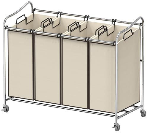 Simple Houseware 4-Bag Heavy Duty Rolling Laundry Sorter Cart, Chrome