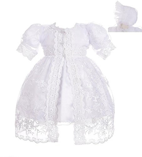 Lito Angels - Abito da Battesimo con Pizzo e Strass, Vestito Bianco con Mantella e Cappello per Bimba 6-12 Mesi (Etichetta in Tessuto 12M)