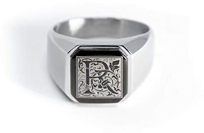 Tioneer Jewelry | Stainless Steel Letter Alphabet Initial Ring | Square Flat Top Ring for Men & Women | Stainless Steel Jewelry, Silver - Letter R, Size 7