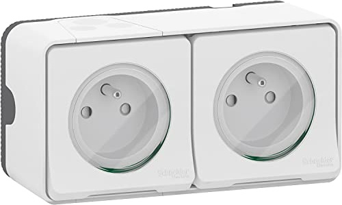 Schneider Electric MUR36027 Mureva Styl, Double Prise De Courant, Précblée, 2P+T, Standard FR, 16 A, IP55, Connexion Rapide, Blanc Mureva Styl - Saillie - IP55 - IK08 - Blanc
