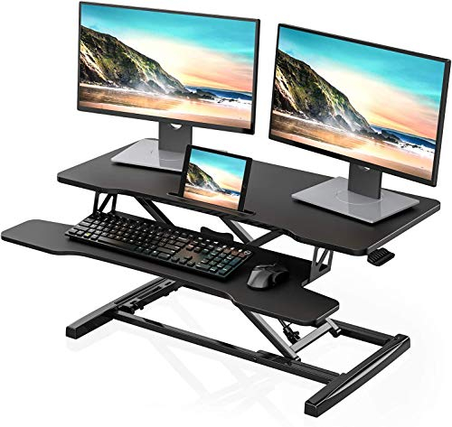FITUEYES Standing Desk Converter Grande 36''/91.5cm Convertidor de Escritorio de Pie para Doble Monitor Altura Ajustable con Bandeja de Teclado Profunda y Soporte para Teléfono (Negro)
