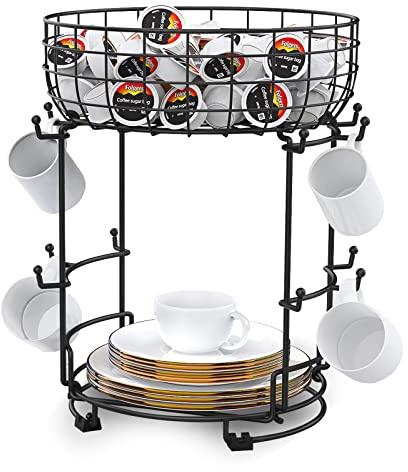 Mutool Mug Tree Cup Holder with Storage Basket Coffee Mug Holder 12 Hooks Multifunctional Kitchen Storage Display Stand Space Saving for Counter (Black)
