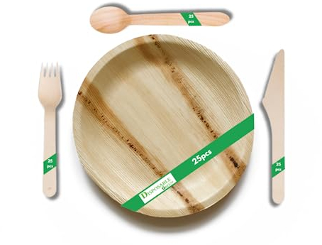 DISPOSABLE GREEN 100pcs Palm Leaf Plates and Wooden Cutlery Set, 25x Large Round Plates, 25x Forks, 25x Knives, 25x Spoons, Eco Friendly Biodegradable, Wedding (100 pcs (25pcs Each))