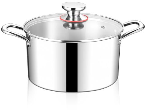 HaWare Casserole à induction en acier inoxydable à 3 couches de 26 cm - 6,7 l - Avec couvercle en verre - Pour tous les types de plaques de cuisson - Saine et non revêtue - Passe au lave-vaisselle