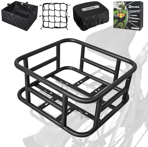 RAYMACE Rear Rack Bike Basket with Cargo Net and Liner