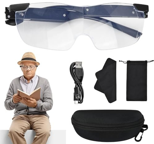 Lupenbrille mit Licht, Lese Lupenbrille mit Hoher Vergrößerung, 1.8X Lupenbrille für Brillenträger mit Licht, USB Wiederaufladbare Vergrößerungsbrille für Naharbeit, Lesen, Nähen