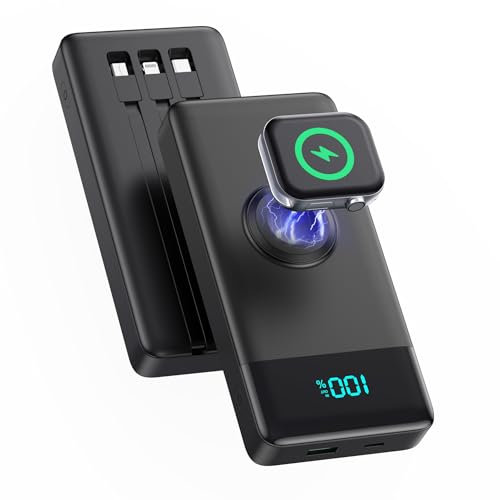 Power Bank 10800mAh con 3 Cables Integrados & Cargador para Apple Watch, 6-in-1 Bateria Externa PD 25W+QC4.0 USB C Carga Rapida Bateria Portatil con Pantalla LCD para i-Watch/iPhone/Samsung/Huawei
