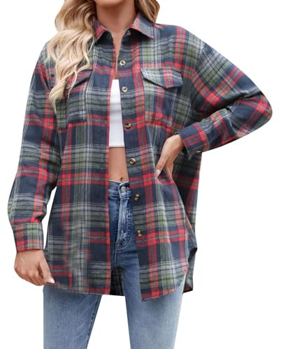 Camisa de mujer a cuadros de manga larga leñador con bolsillos, camisa de algodón a cuadros para mujer, para tiempo libre, blusas y túnicas para mujer, con botones, camisa de franela, marine, XXL