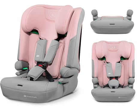 Kinderkraft I-COMFY, Silla de coche, Para niños, Ajustable (76-150 cm), Respaldo ajustable, Cinturón de seguridad de 5 puntos, SISTEMA EASY GROW, Fácil instalación, Rosa